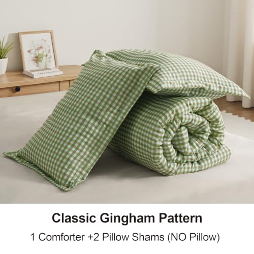 King Comforter Set Green Gingham Plaid - 3-Piece Soft Farmhouse Bedding