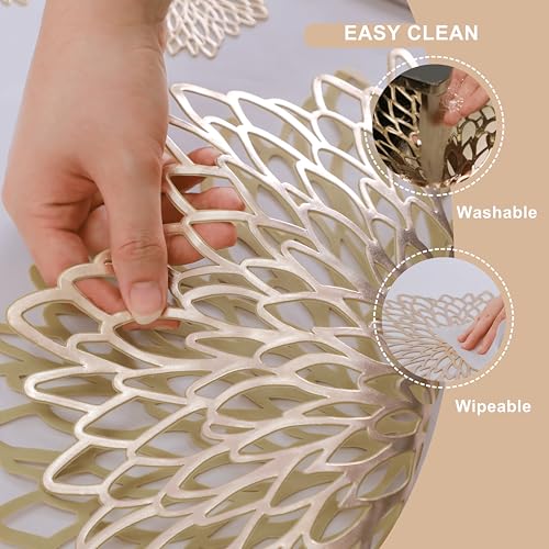 18-Piece Gold Metallic Leaf Placemats, 15-Inch Round Vinyl Table Mats