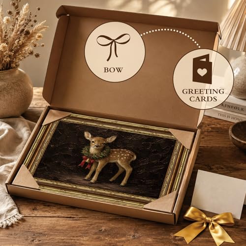 Christmas Deer Wreath Wall Art - Framed Spotted Fawn 16" x 12"