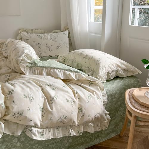 Reversible Sage Green Floral Duvet Cover Set - 100% Cotton Queen Bedding with Ruffle Lace
