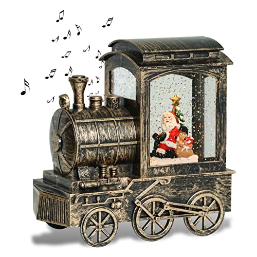GenSwin Lr Christmas Snow Globe Lantern Train with Timer & Music, Santa Scene, LED Decoration