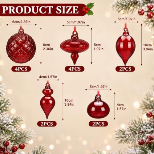 Hungdao 14pcs Vintage Red Glass Christmas Ornaments - Satin Ribbon Hangers