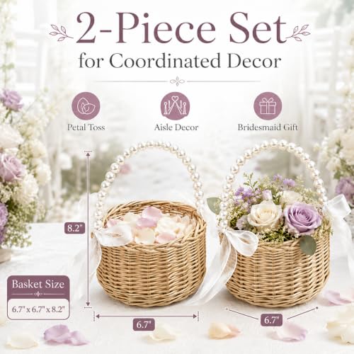 Wicker Flower Girl Basket Set of 2 with Pearl Handle & Bow for Weddings