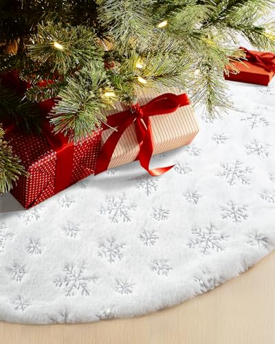 48-Inch White Faux Fur Christmas Tree Skirt with Silver Sequin Snowflakes