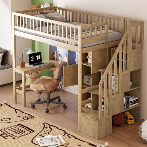 Twin Size Wooden Loft Bed with Desk, LED Lights, Staircase and Storage