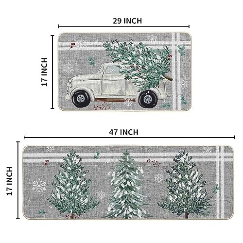 Artoid Mode Pine Holly Christmas Kitchen Rugs Set of 2, 17x29 & 17x47 inches