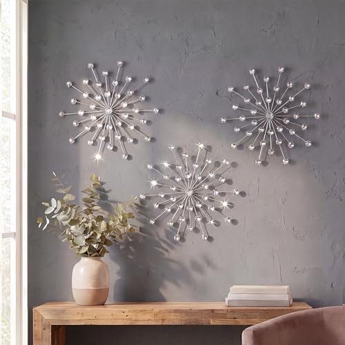 Starburst Wall Art Set, 13-Inch Silver Metal Wall Decor with Crystal Accents