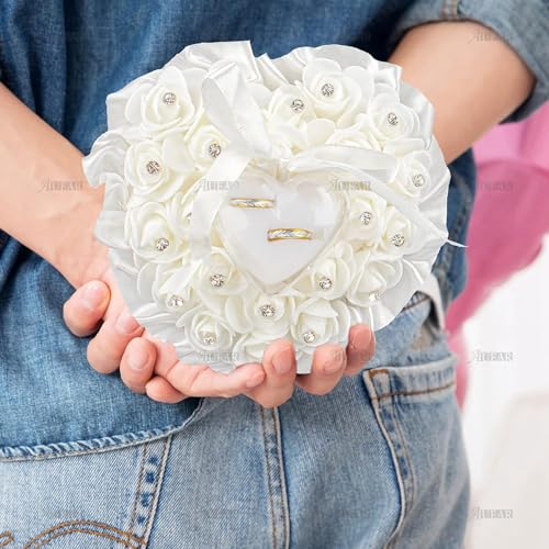 Heart Shaped Wedding Ring Pillow with Lace, Roses, and Rhinestones