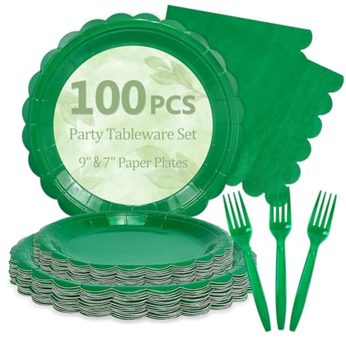 Mulbozy Green Disposable Plate Set for Parties - 100 Pcs 7 & 9 Inch Variety