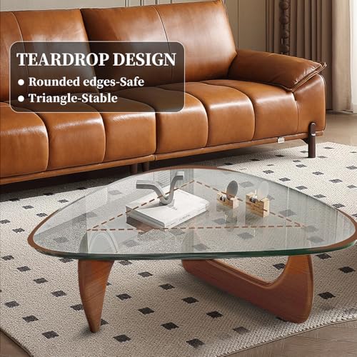 Modern Tempered Glass Coffee Table with Solid Wood Base, Small Walnut Table
