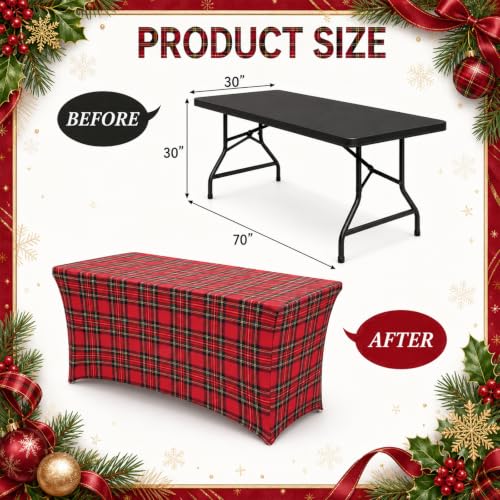 Frienda Red Plaid Christmas Tablecloth 6ft Tartan Stretch Holiday Cover - Dark Red Variation