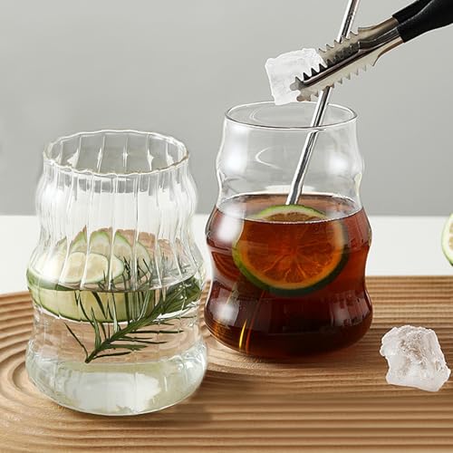 2 Pcs Ribbed Glass Cups, 18 Oz Vintage Wavy Drinkware for Iced Coffee