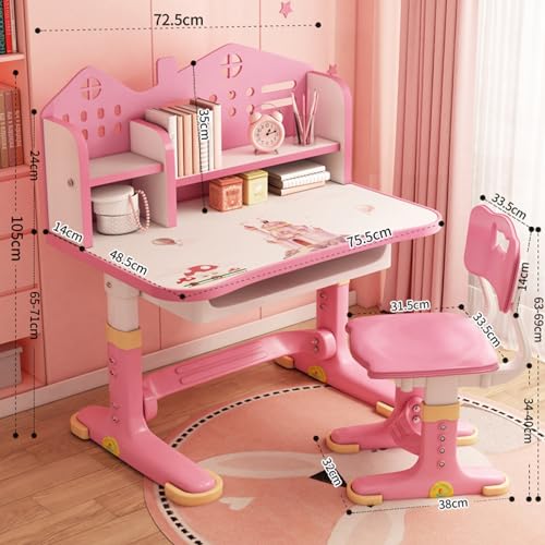 Height Adjustable Kids Study Desk and Chair Set with Storage Drawer - Pink