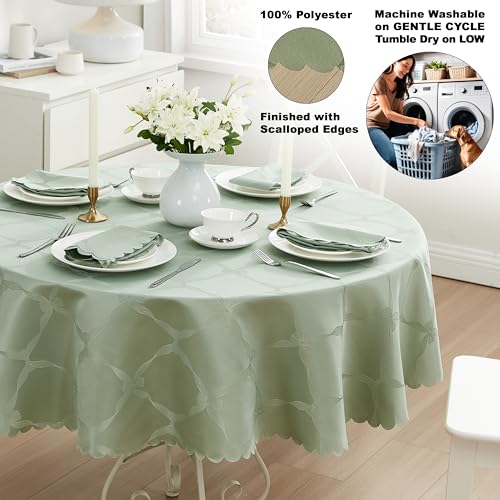 Newbridge 70" Round Sage Green Ribbons & Bows Damask Tablecloth