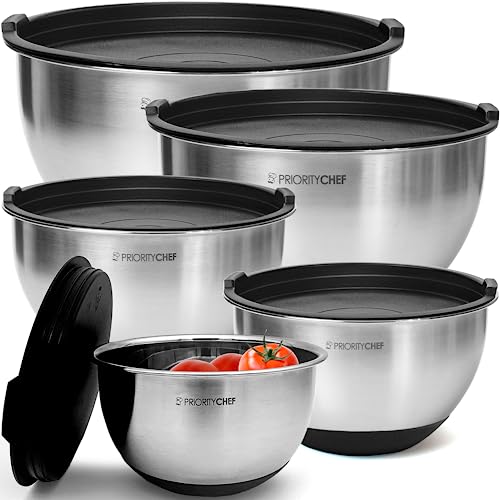 Stainless Steel Mixing Bowls with Lids Set - 5-Piece Non-Slip Nesting Prep Bowls