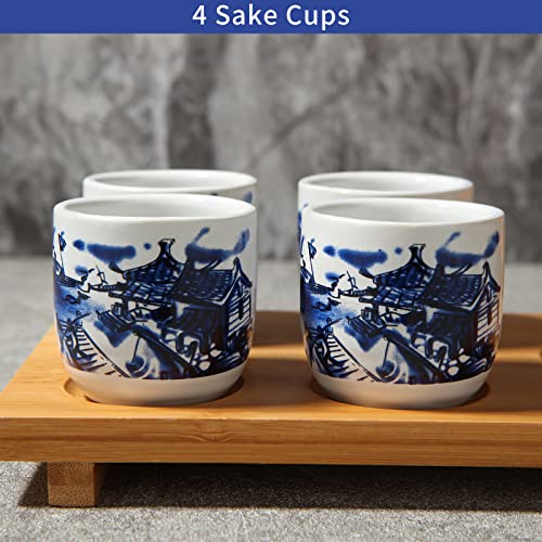 ABuff Japanese Sake Set with Ceramic Tokkuri & Ochoko Cups, Wooden Tray
