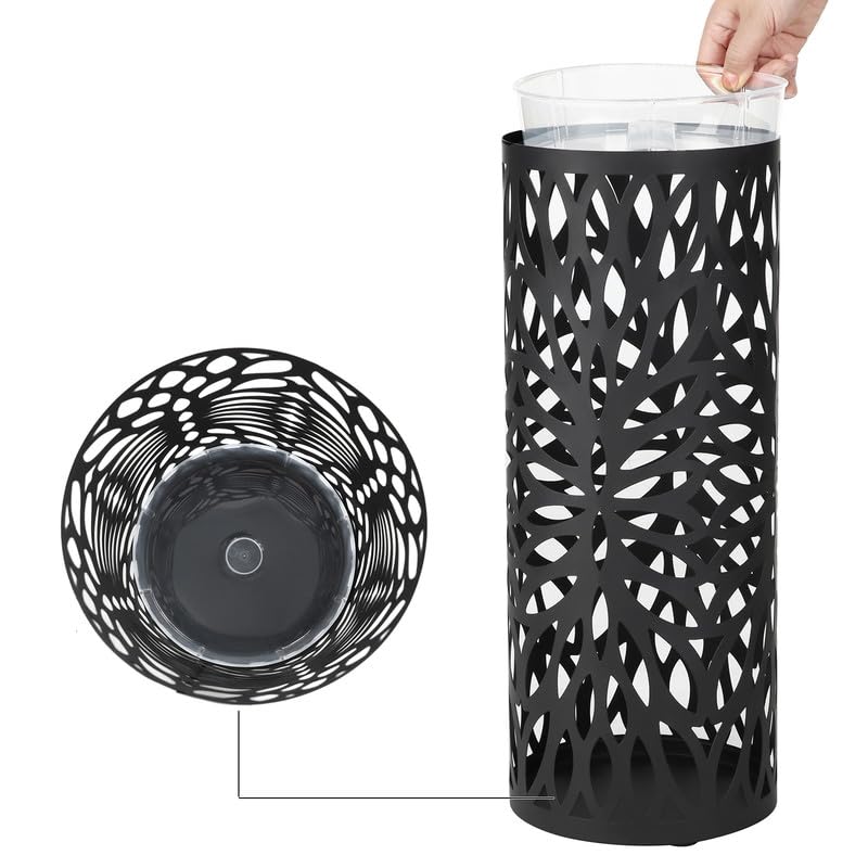 Metal Umbrella Stand for Entryway with Drip Tray and Hooks, Matte Black