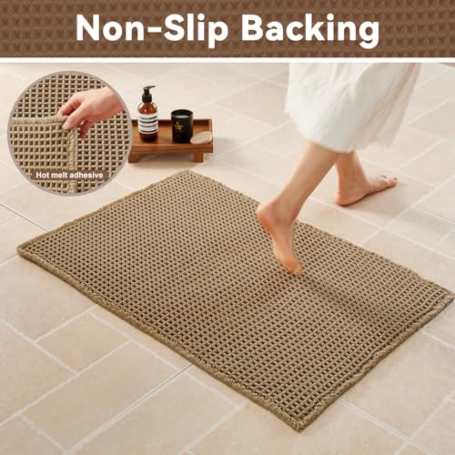 Triohero Waffle Bath Mat - Non-Slip Boho Bathroom Rug, 16" x 24" Khaki