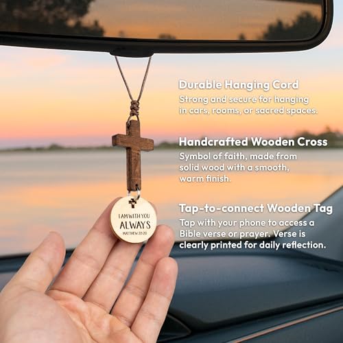 Wooden Car Rearview Mirror Cross Ornament with Daily Scripture Scan