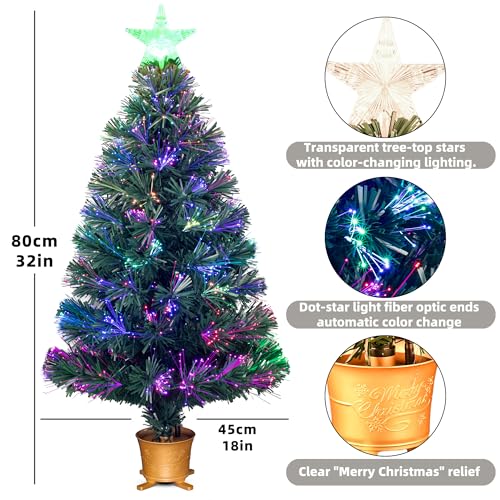 YUETJIN 32-Inch Green Pre-Lit Fiber Optic Christmas Tree with Transparent Variation