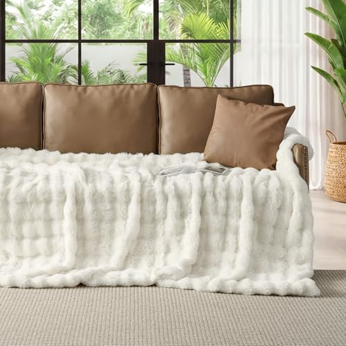 Faux Rabbit Fur Throw Blanket, Cream White Bubble Texture, 50x60 Inches