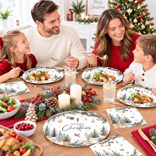 Xmas 50-Piece Oval Plates & Napkins Set, 12" Dinner Plates + 6.5" Napkins, Boho Christmas Tree Design, Recyclable
