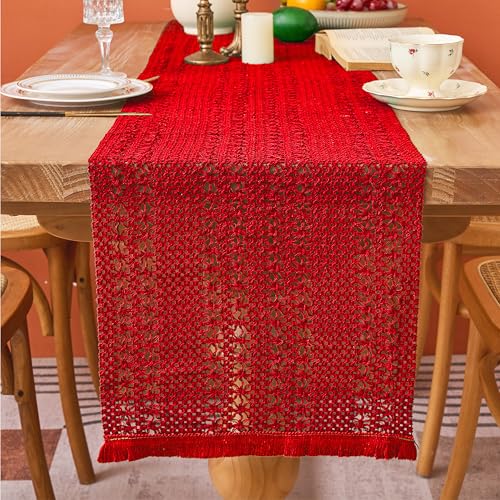 Red Macrame Burlap Table Runner 11.8x35.4in Christmas Boho Decor - Timecity