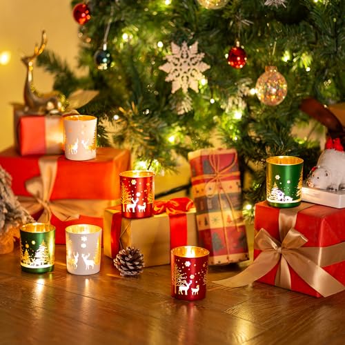 Christmas Glass Votive Candle Holders Set of 6 - Festive Tealight Holders