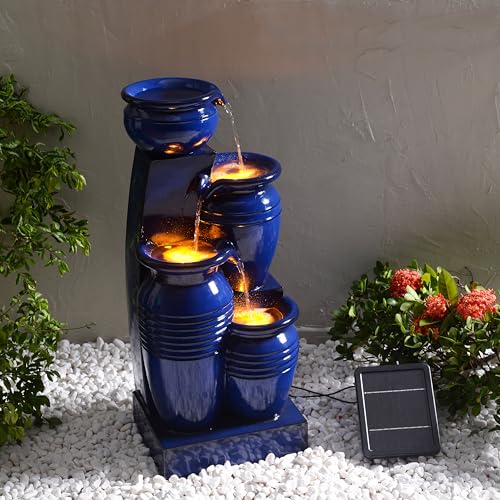 Teamson Home Navy 4-Tier Cascading Water Fountain Solar-Powered Outdoor Decor