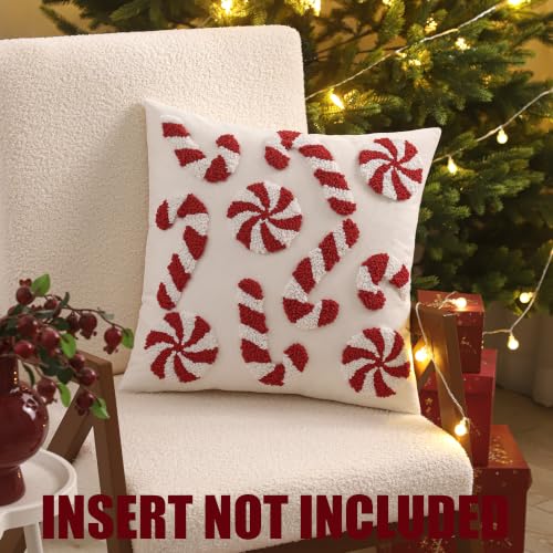 Tosleo Christmas Candy Cane Throw Pillow Covers 18x18in Set of 2, Red Xmas Embroidered Cushions