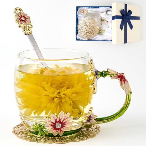 AISVELDY Gold and Green Daisy Flower Glass Coffee Mug with Spoon - Elegant Gift for Her, Mom, Grandma, Wife, Friends