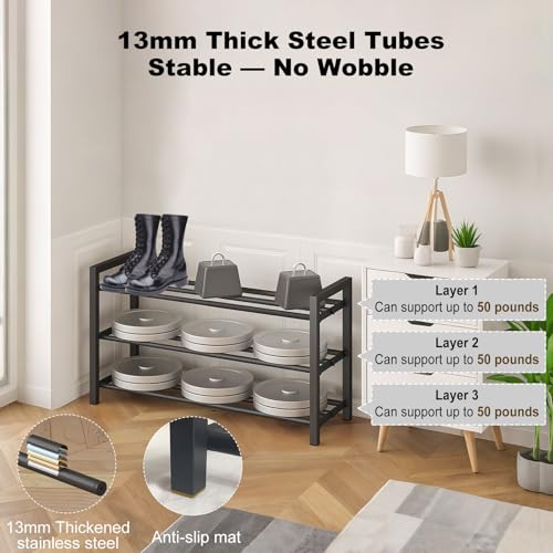 3-Tier Expandable Metal Shoe Rack, Heavy-Duty Steel Storage Organizer