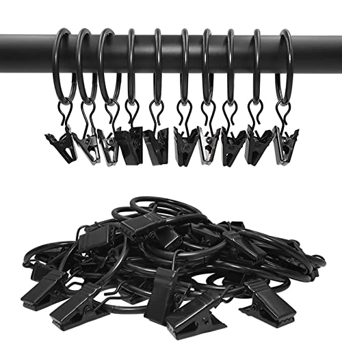 AMZSEVEN 40 Pack Black Curtain Rings with Clips - 1.26 Inch Interior Diameter