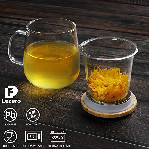 Lezero 15oz Clear Glass Tea Cup with Infuser & Lid - Transparent, Food-Grade Borosilicate Glass