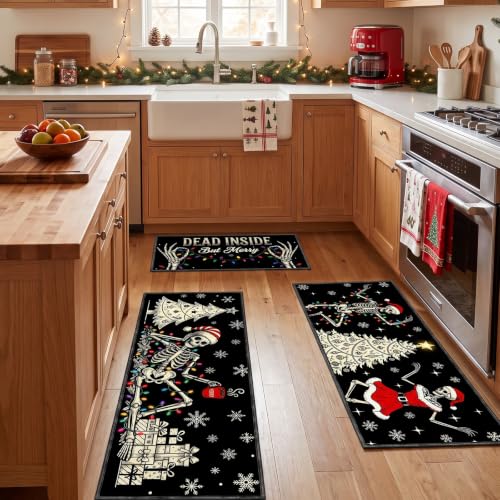 Skeleton Christmas Kitchen Rugs - 28x16/35x16/47x16 Inches, Dead Inside But Merry, Dark Humor Santa Skeleton Mats (Variation: Christmas Skeleton)