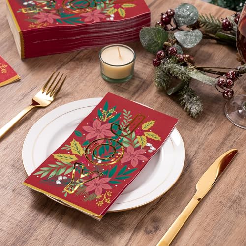 Wrapaholic 50-Pack Joy and Flower Christmas Disposable Napkins 3-Ply, 4.3 x 7.9 Inches