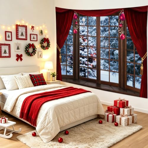 LB Winter Forest Tapestry Red 60W x 40H Inches – Christmas Pine Tree Curtain Window Wall Hanging
