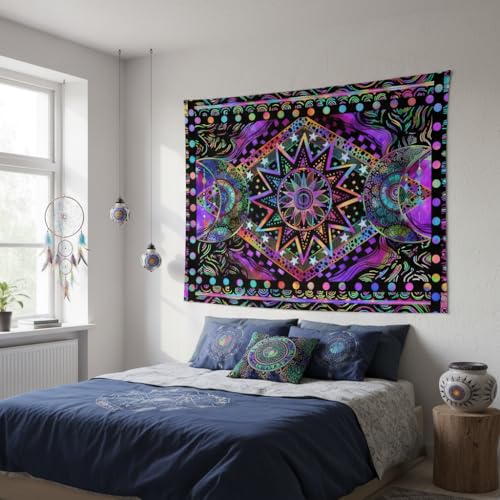 Blacklight Sun and Moon Tapestry - UV Reactive Glow Wall Hanging (40" x 30")