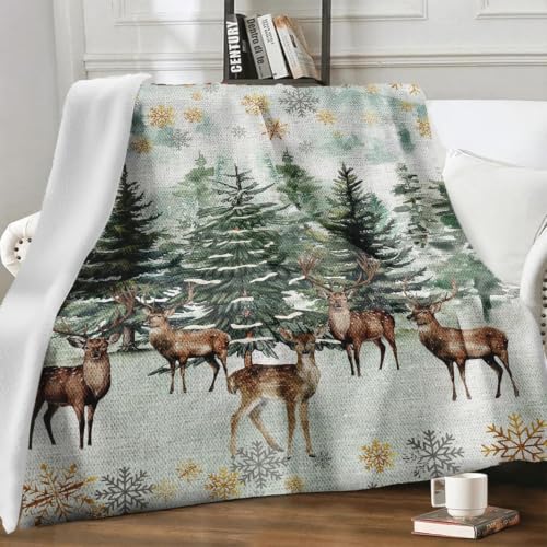 Gift-Forest Deer Blanket 50x60in Green Christmas Tree Elk Throw – All Seasons Flannel