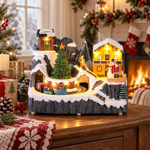 MEETYAMOR Lighted Christmas Village Set with Moving Train & Trees - Indoor Holiday Decor