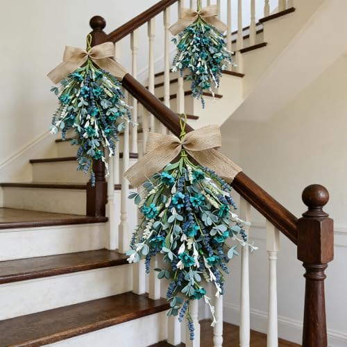 2-Pack Artificial Teardrop Swag Wreaths with Blue Daisies and Eucalyptus