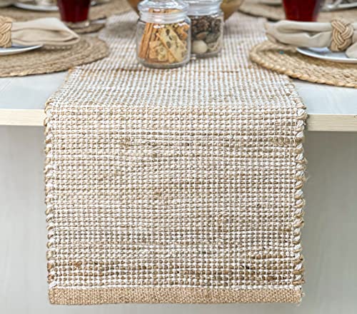 Handwoven Jute and Cotton Table Runner – 13x108 Inch Boho Farmhouse Decor