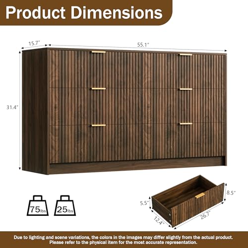 Modern 6-Drawer Walnut Dresser with Gold Handles, Wide Storage Chest