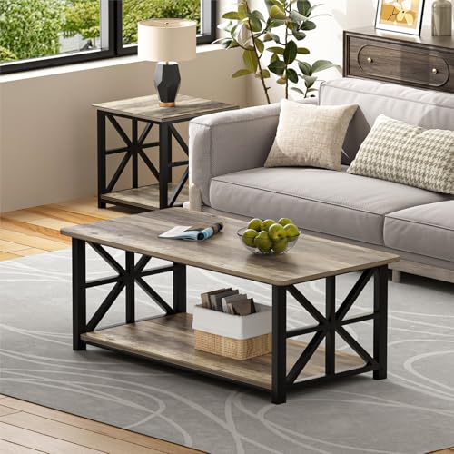 Rustic 39-Inch Round Corner Coffee Table with Storage Shelf, Gray Wash