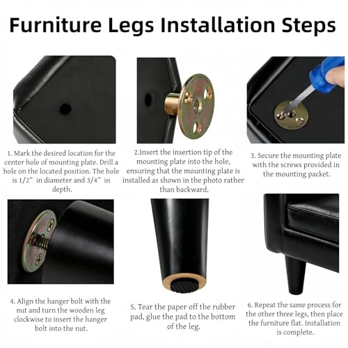 6 Inch Black Wood Furniture Legs Set of 4 - Heavy Duty Tapered Sofa Feet