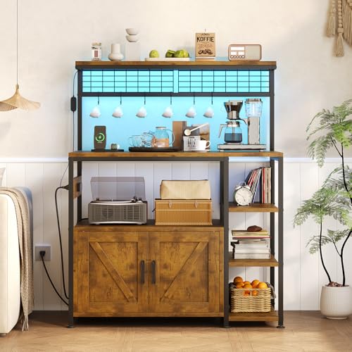 Kitchen Bakers Rack with Power Outlet, LED Light, and Storage Cabinet
