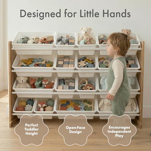 4-Tier Kids Toy Organizer with 20 Removable Bins - Sturdy Wood Storage Shelf