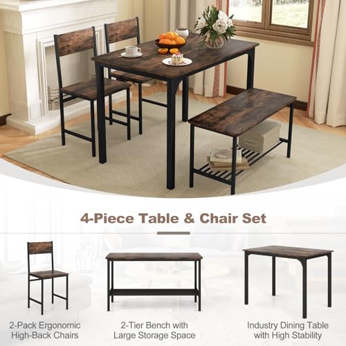 4-Piece Industrial Dining Table Set with Bench and Chairs - Rustic Brown