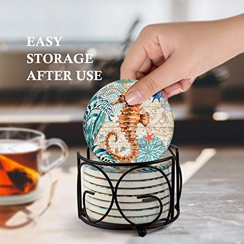Teivio Ceramic Absorbing Coasters Set of 8 with Cork Base & Holder - Coastal Beach Decor