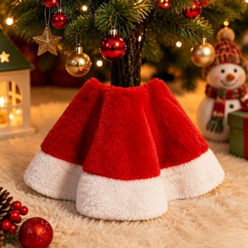 Small Christmas Tree Skirt, Red and White Short Plush Mini Shirts for